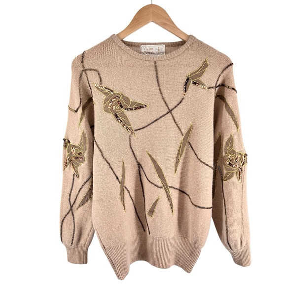 Vtg Vivien Forest Angora Lambswool Embellished Sweater Medium Tan Gold Beaded - Picture 1 of 16